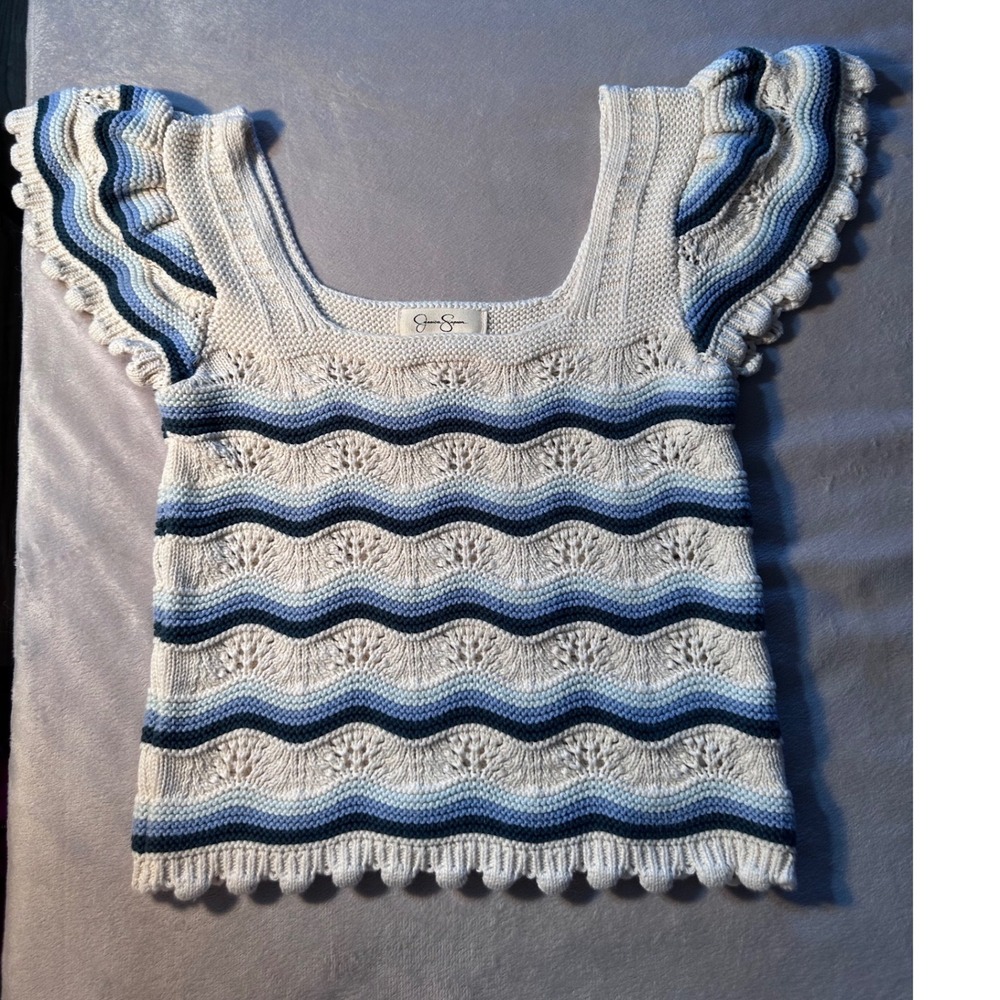 Jessica Simpson Blue White Striped Knit Flutter Sleeve Square Neck Top Medium